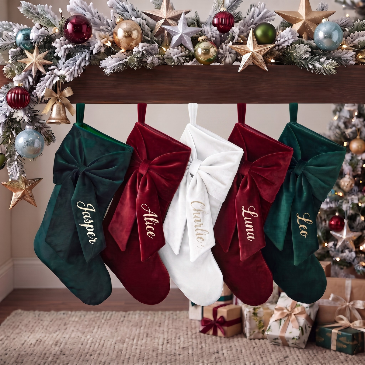 2026 Personalized Velvet Christmas Stocking, Custom Holiday Name Stockings with Bow, Elegant Holiday Gift , Coquette Christmas Decor