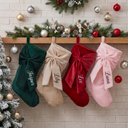 2026 Personalized Velvet Christmas Stocking, Custom Holiday Name Stockings with Bow, Elegant Holiday Gift , Coquette Christmas Decor