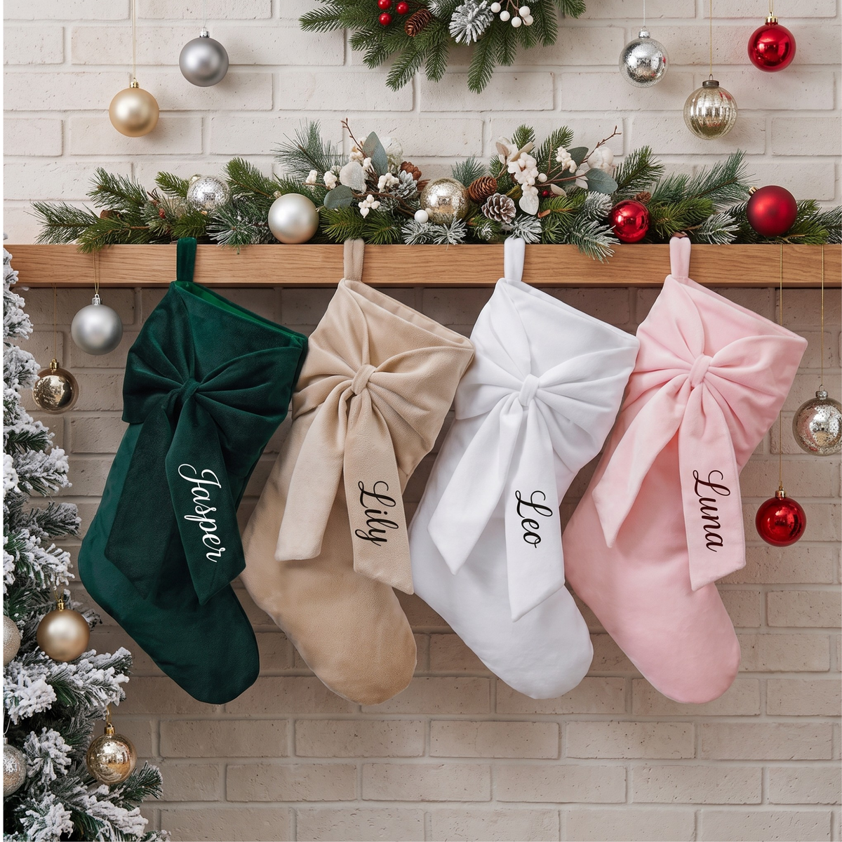 2026 Personalized Velvet Christmas Stocking, Custom Holiday Name Stockings with Bow, Elegant Holiday Gift , Coquette Christmas Decor