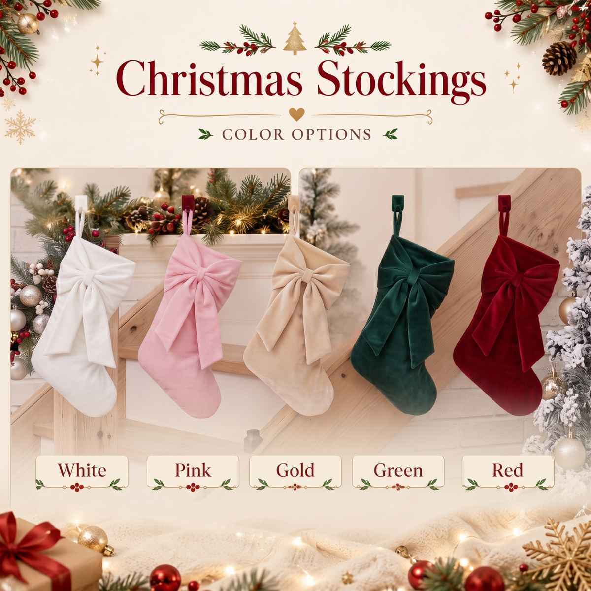 2026 Personalized Velvet Christmas Stocking, Custom Holiday Name Stockings with Bow, Elegant Holiday Gift , Coquette Christmas Decor