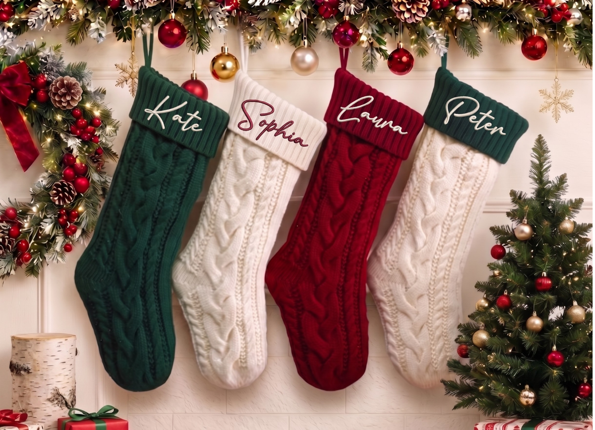 2026 Personalized Christmas Stockings, Xmas Embriodered Family Name Knit Holiday Stockings Gift, Custom Home Decor