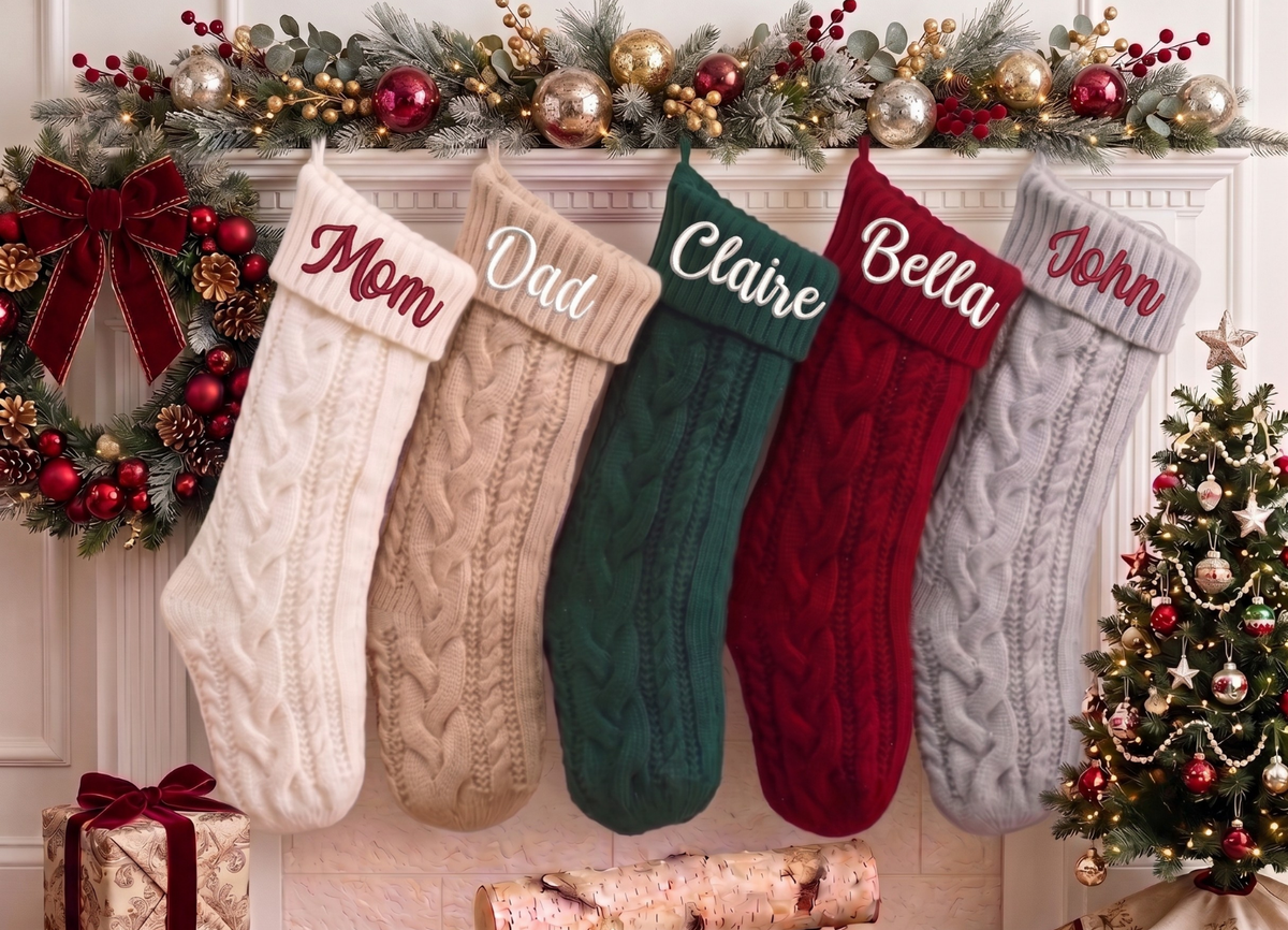 2026 Personalized Christmas Stockings, Xmas Embriodered Family Name Knit Holiday Stockings Gift, Custom Home Decor