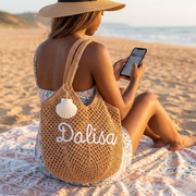Personalized Crochet Cotton Beach Tote Bag, Custom Bridesmaid Tote, Summer Travel Bag, Monogram Beach Bag, Vacation Gift for Her, Wedding Christmas Holiday Gift, Flower Market Bag