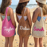 Personalized Crochet Cotton Beach Tote Bag, Custom Bridesmaid Tote, Summer Travel Bag, Monogram Beach Bag, Vacation Gift for Her, Wedding Christmas Holiday Gift, Flower Market Bag