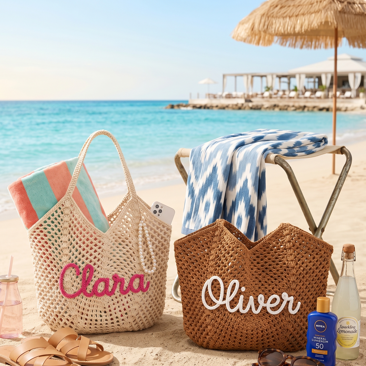 Personalized Crochet Cotton Beach Tote Bag, Custom Bridesmaid Tote, Summer Travel Bag, Monogram Beach Bag, Vacation Gift for Her, Wedding Christmas Holiday Gift, Flower Market Bag