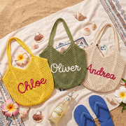 Personalized Crochet Cotton Beach Tote Bag, Custom Bridesmaid Tote, Summer Travel Bag, Monogram Beach Bag, Vacation Gift for Her, Wedding Christmas Holiday Gift, Flower Market Bag