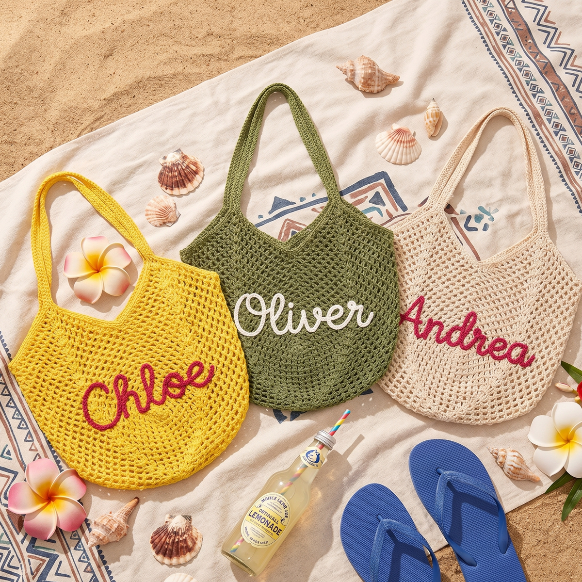 Personalized Crochet Cotton Beach Tote Bag, Custom Bridesmaid Tote, Summer Travel Bag, Monogram Beach Bag, Vacation Gift for Her, Wedding Christmas Holiday Gift, Flower Market Bag