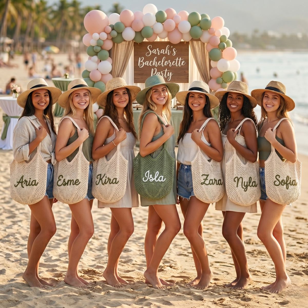 Personalized Crochet Cotton Beach Tote Bag, Custom Bridesmaid Tote, Summer Travel Bag, Monogram Beach Bag, Vacation Gift for Her, Wedding Christmas Holiday Gift, Flower Market Bag
