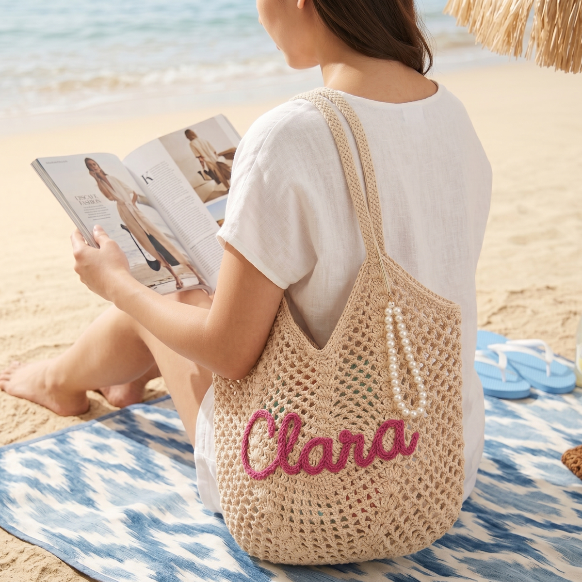 Personalized Crochet Cotton Beach Tote Bag, Custom Bridesmaid Tote, Summer Travel Bag, Monogram Beach Bag, Vacation Gift for Her, Wedding Christmas Holiday Gift, Flower Market Bag