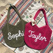 Personalized Crochet Cotton Beach Tote Bag, Custom Bridesmaid Tote, Summer Travel Bag, Monogram Beach Bag, Vacation Gift for Her, Wedding Christmas Holiday Gift, Flower Market Bag