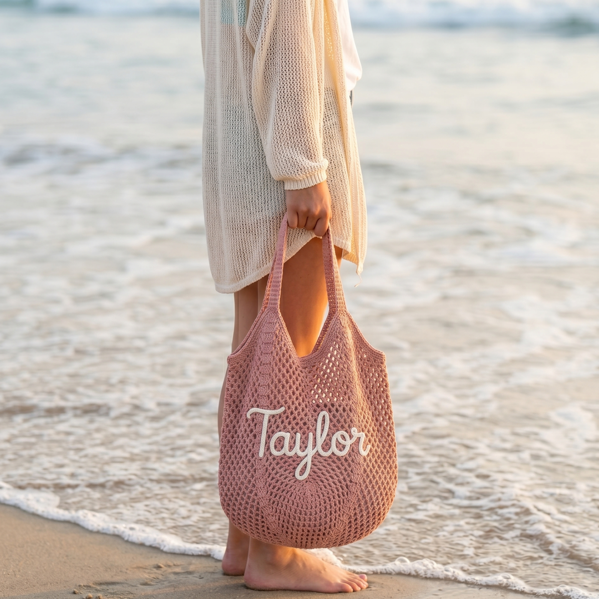 Personalized Crochet Cotton Beach Tote Bag, Custom Bridesmaid Tote, Summer Travel Bag, Monogram Beach Bag, Vacation Gift for Her, Wedding Christmas Holiday Gift, Flower Market Bag