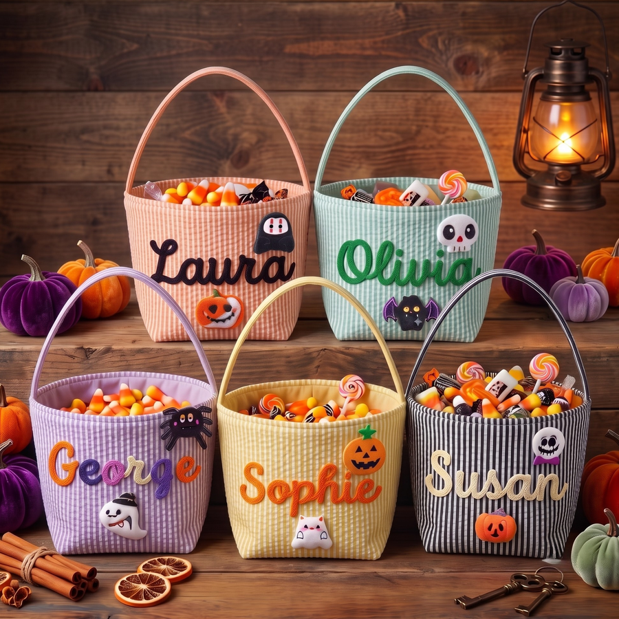 Personalized Halloween Trick or Treat Bag, Seersucker Halloween Bucket, Monogrammed Kids Candy Basket, Custom Halloween Gift