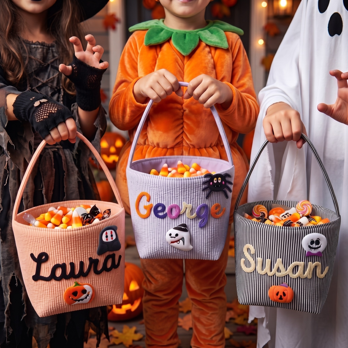 Personalized Halloween Trick or Treat Bag, Seersucker Halloween Bucket, Monogrammed Kids Candy Basket, Custom Halloween Gift