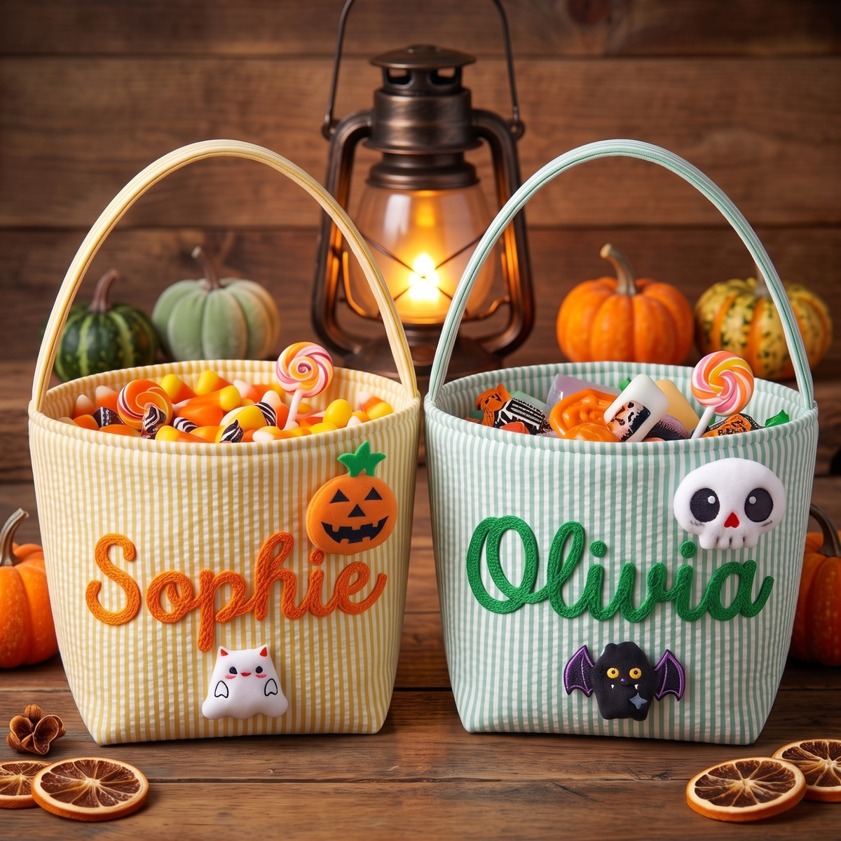 Personalized Halloween Trick or Treat Bag, Seersucker Halloween Bucket, Monogrammed Kids Candy Basket, Custom Halloween Gift
