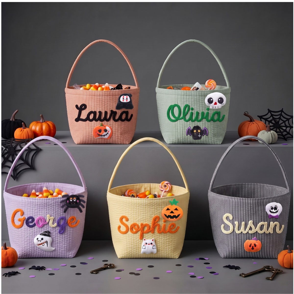 Personalized Halloween Trick or Treat Bag, Seersucker Halloween Bucket, Monogrammed Kids Candy Basket, Custom Halloween Gift