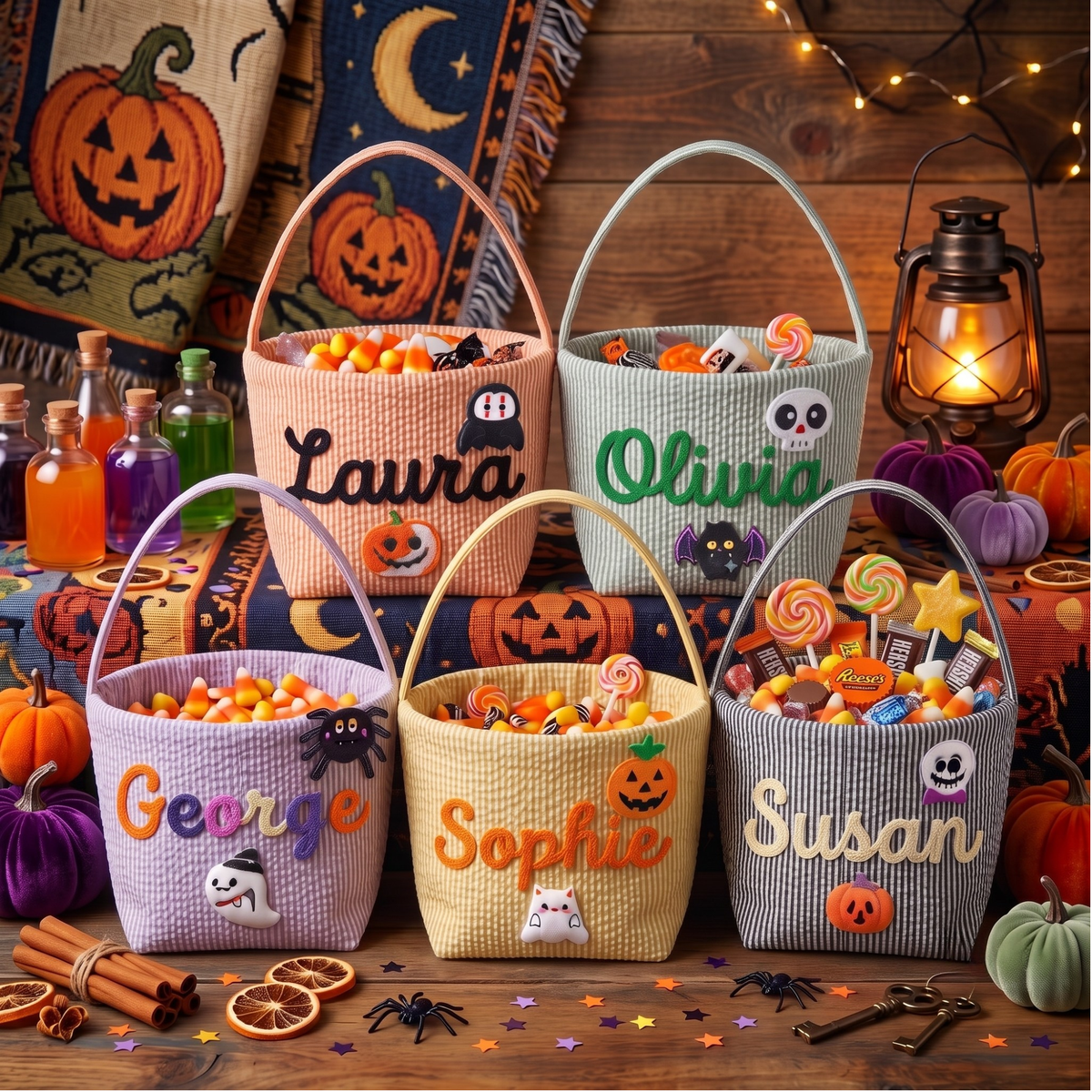 Personalized Halloween Trick or Treat Bag, Seersucker Halloween Bucket, Monogrammed Kids Candy Basket, Custom Halloween Gift