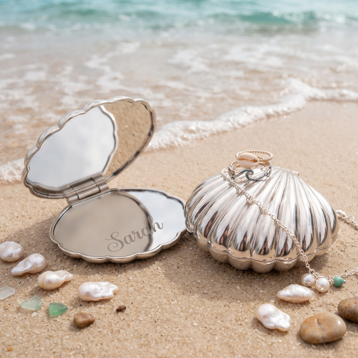 Personalized Seashell Compact Mirror, Custom Engraved Pocket Mirror, Bridesmaid Gift, Beach Wedding Favor, Gift for Her