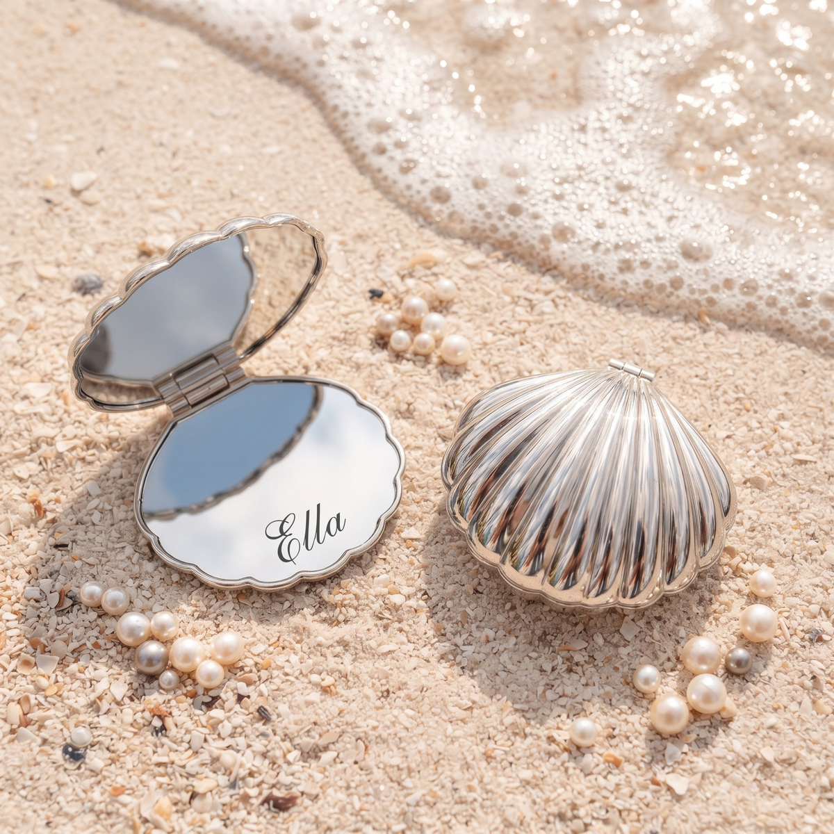 Personalized Seashell Compact Mirror, Custom Engraved Pocket Mirror, Bridesmaid Gift, Beach Wedding Favor, Gift for Her