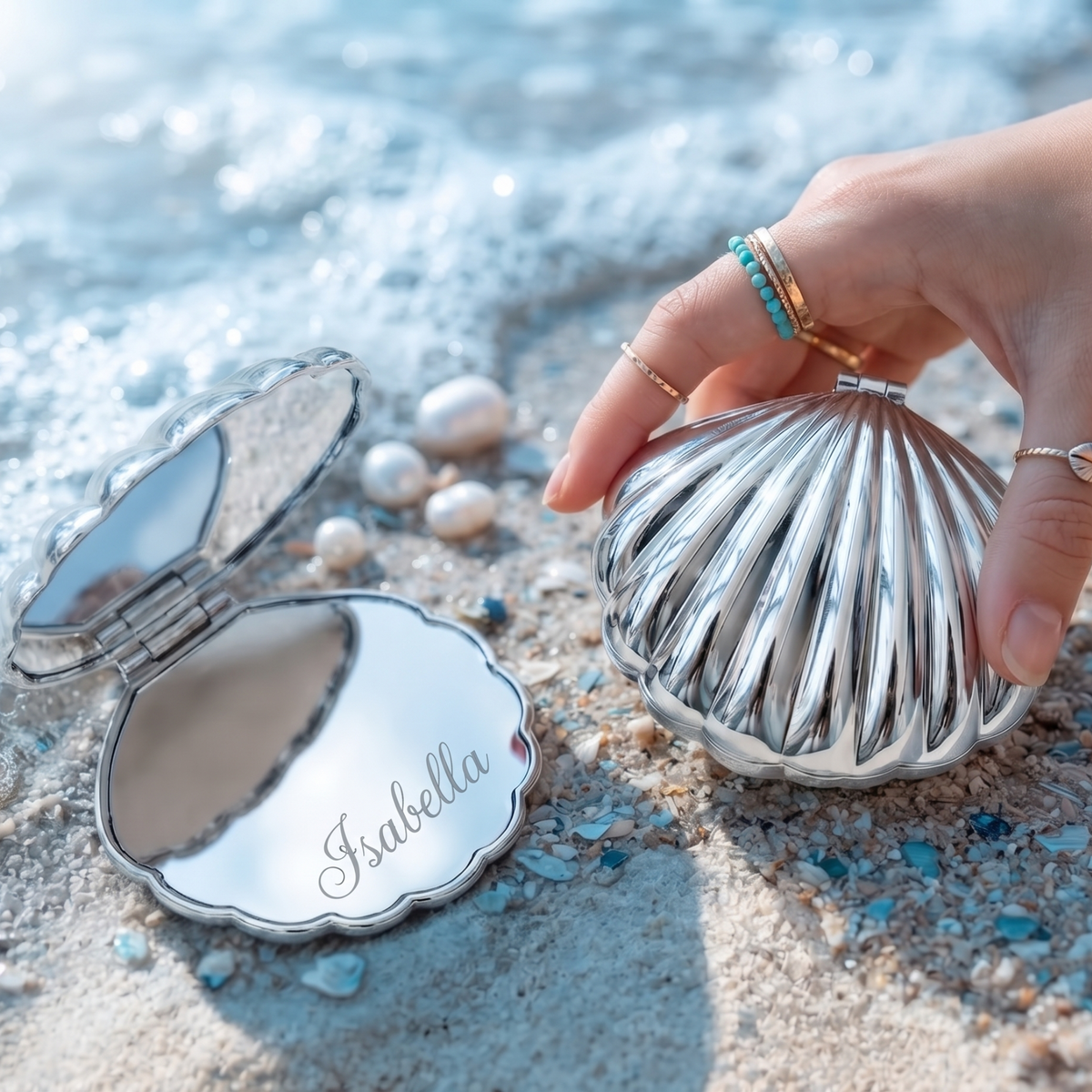 Personalized Seashell Compact Mirror, Custom Engraved Pocket Mirror, Bridesmaid Gift, Beach Wedding Favor, Gift for Her