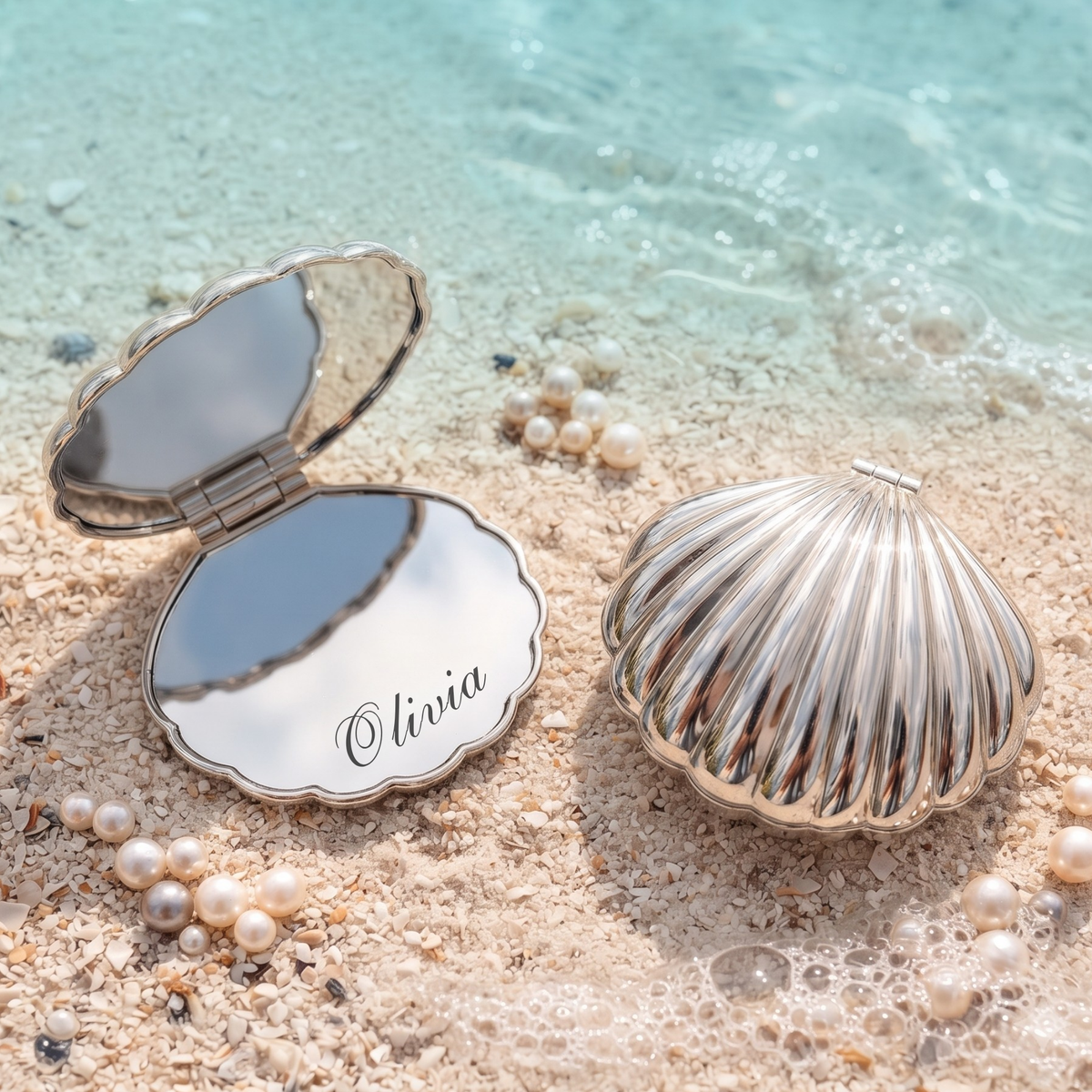 Personalized Seashell Compact Mirror, Custom Engraved Pocket Mirror, Bridesmaid Gift, Beach Wedding Favor, Gift for Her