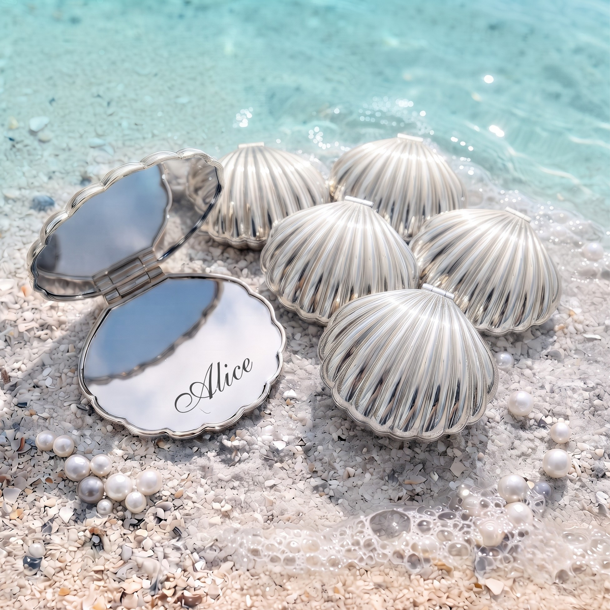 Personalized Seashell Compact Mirror, Custom Engraved Pocket Mirror, Bridesmaid Gift, Beach Wedding Favor, Gift for Her