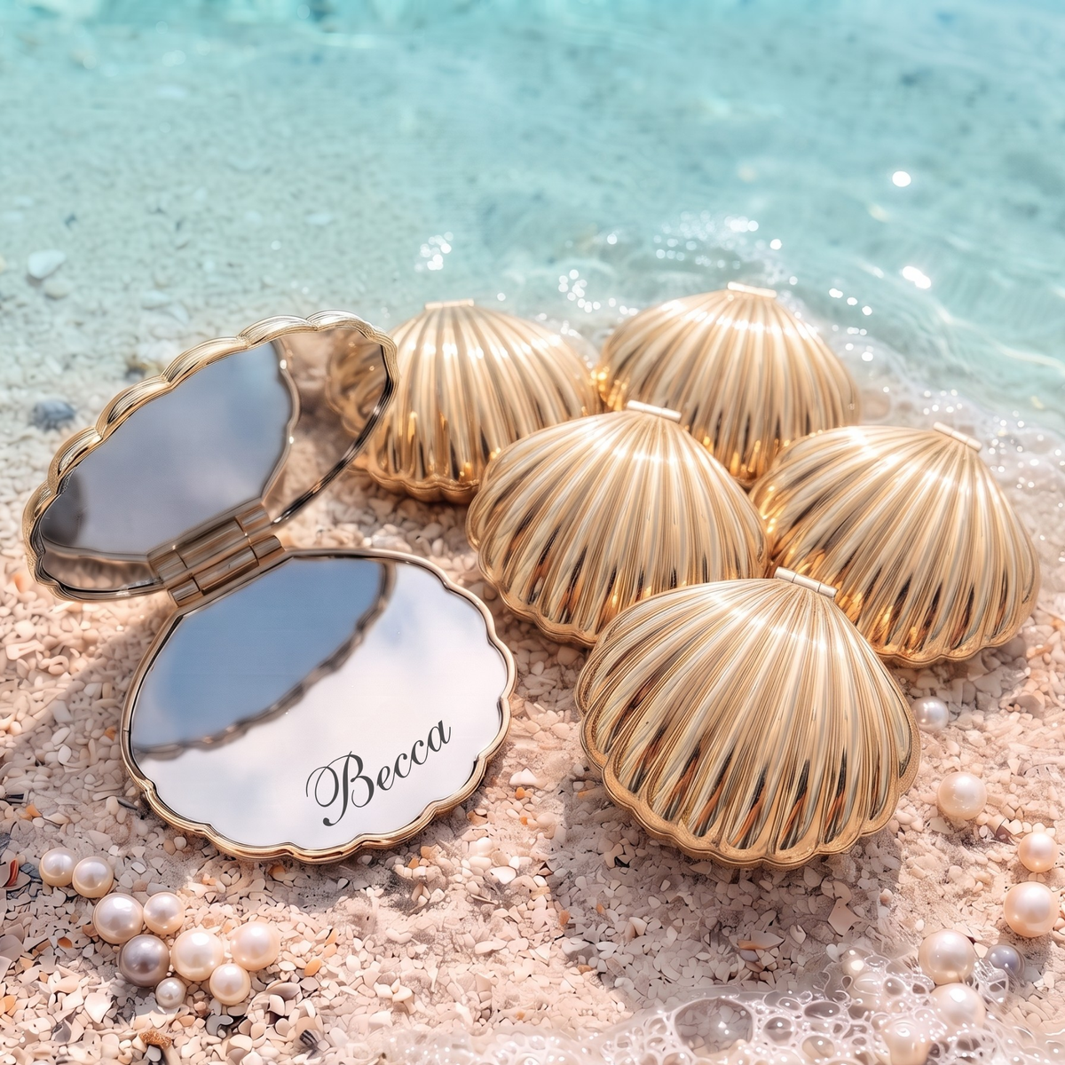 Personalized Seashell Compact Mirror, Custom Engraved Pocket Mirror, Bridesmaid Gift, Beach Wedding Favor, Gift for Her