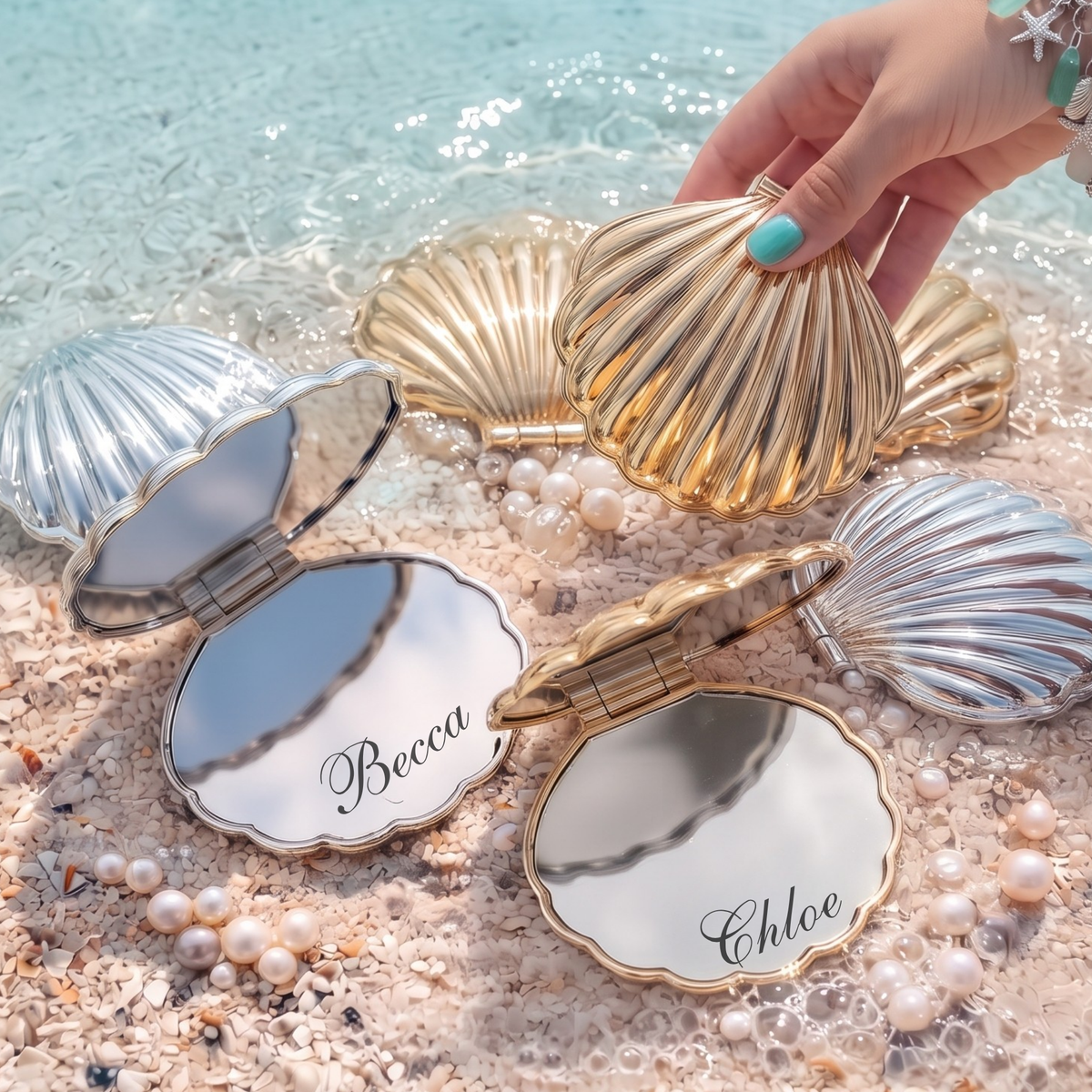 Personalized Seashell Compact Mirror, Custom Engraved Pocket Mirror, Bridesmaid Gift, Beach Wedding Favor, Gift for Her