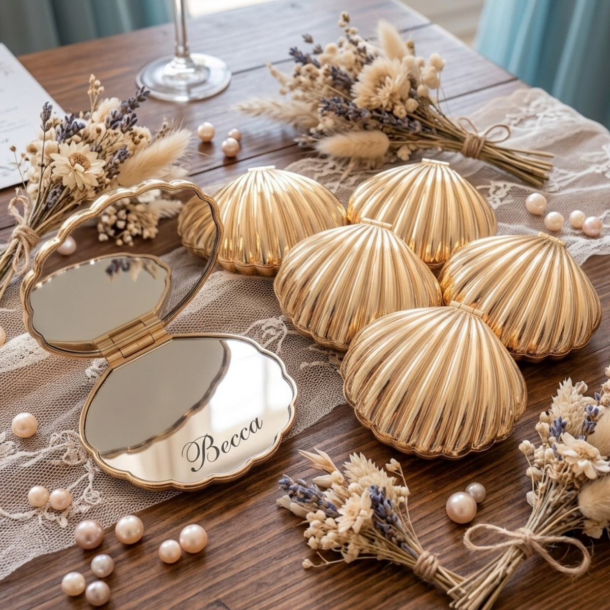 Personalized Seashell Compact Mirror, Custom Engraved Pocket Mirror, Bridesmaid Gift, Beach Wedding Favor, Gift for Her