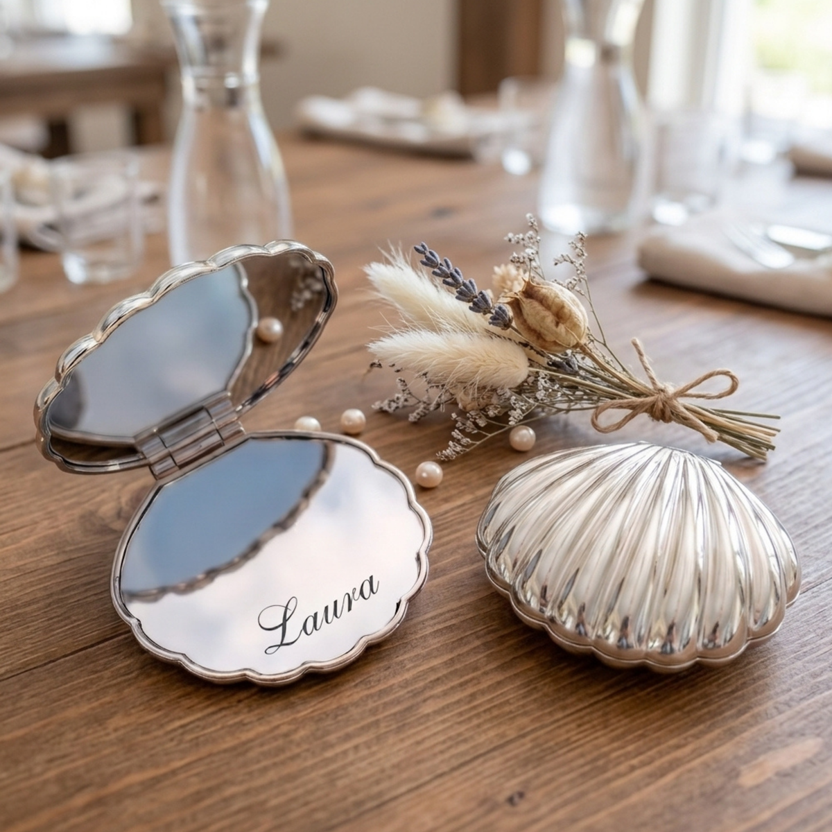 Personalized Seashell Compact Mirror, Custom Engraved Pocket Mirror, Bridesmaid Gift, Beach Wedding Favor, Gift for Her