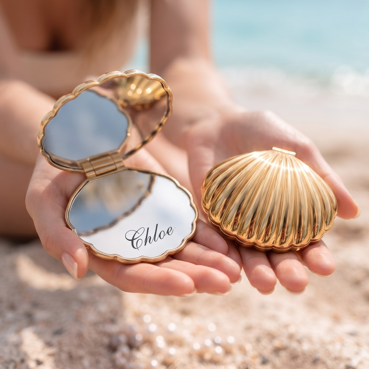 Personalized Seashell Compact Mirror, Custom Engraved Pocket Mirror, Bridesmaid Gift, Beach Wedding Favor, Gift for Her
