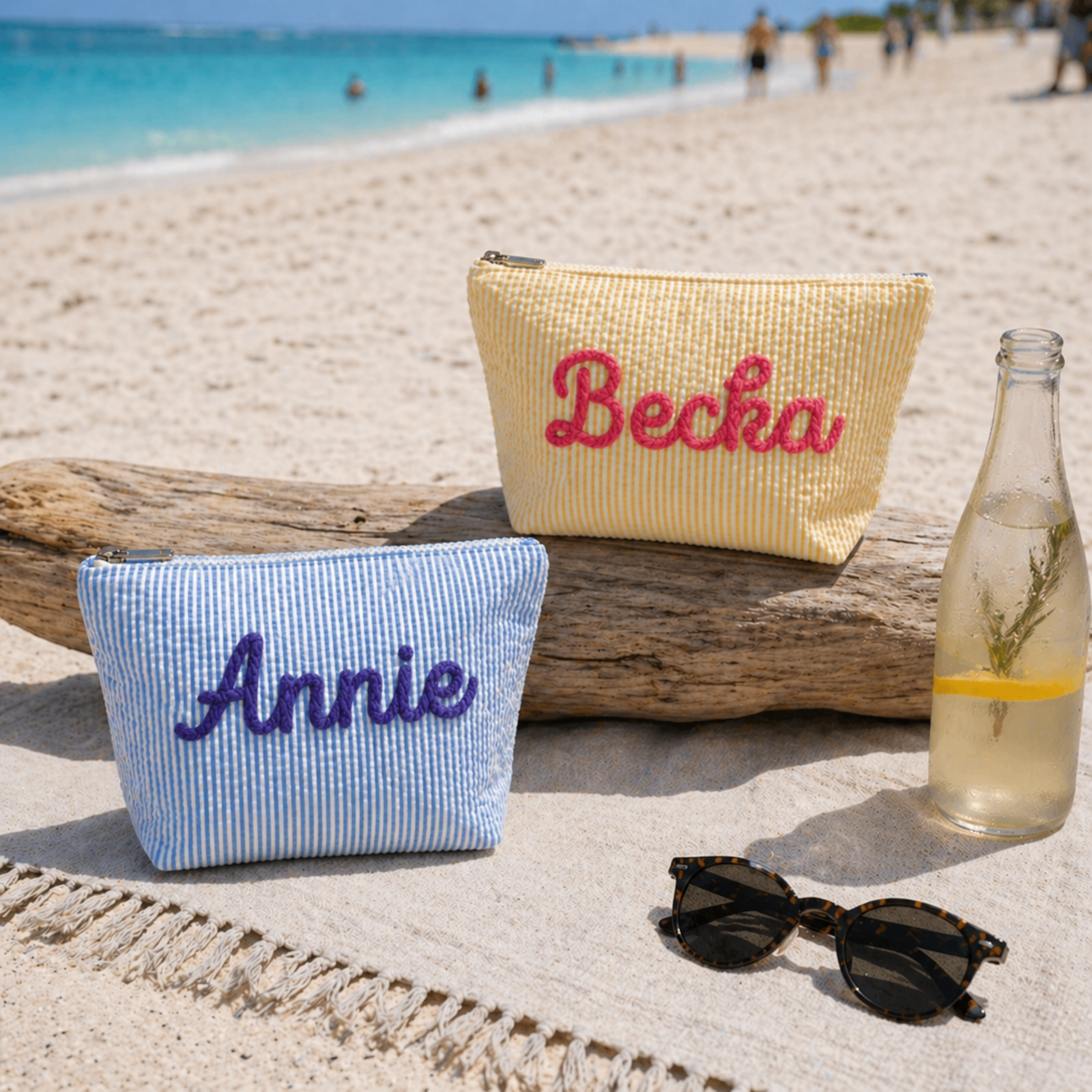 Custom Seersucker Makeup Bag – Embroidered Travel Pouch for Bachelorette, Birthday & Christmas Gifts