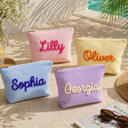 Custom Seersucker Makeup Bag – Embroidered Travel Pouch for Bachelorette, Birthday & Christmas Gifts