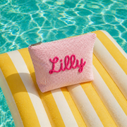 Custom Seersucker Makeup Bag – Embroidered Travel Pouch for Bachelorette, Birthday & Christmas Gifts