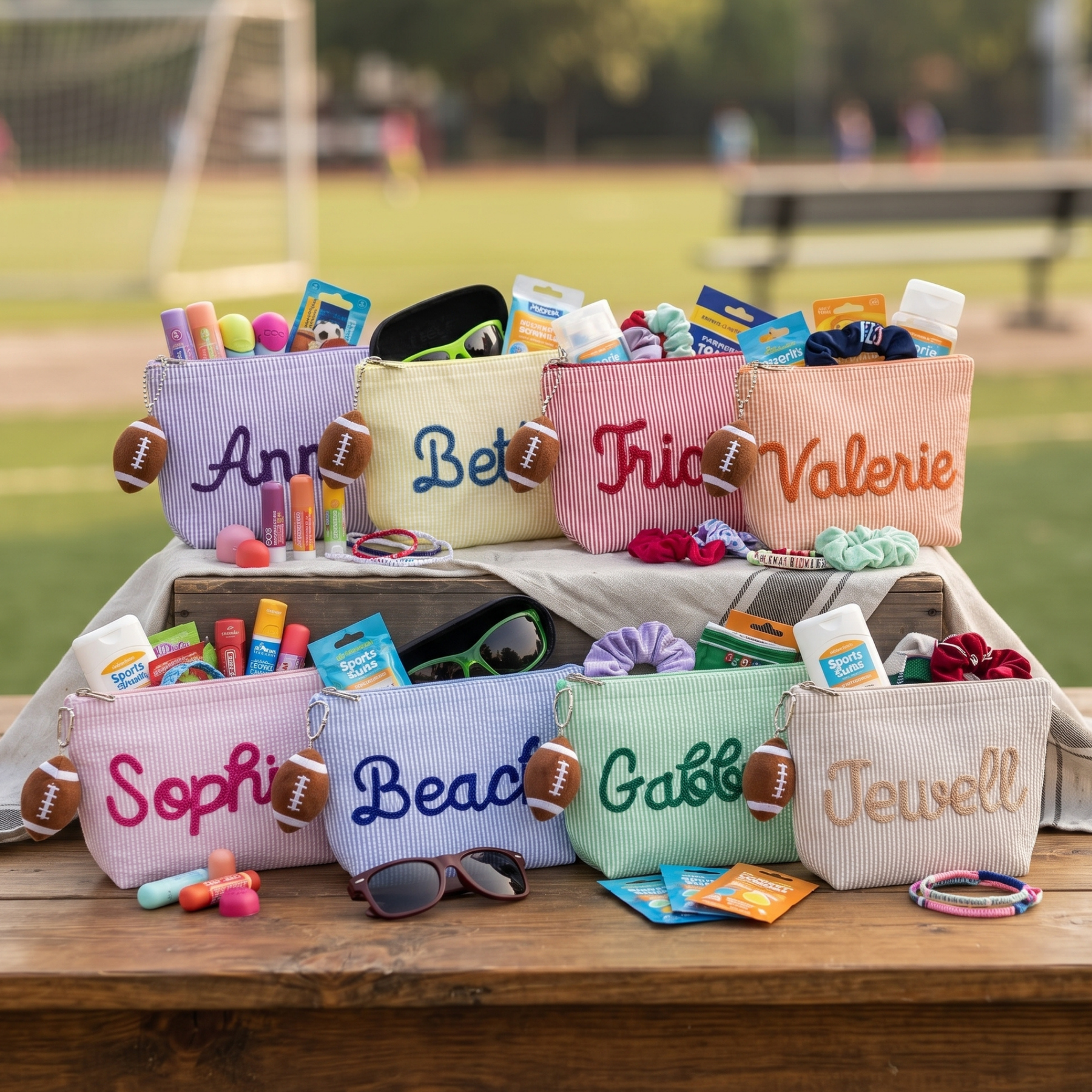 Custom Seersucker Makeup Bag – Embroidered Travel Pouch for Bachelorette, Birthday & Christmas Gifts
