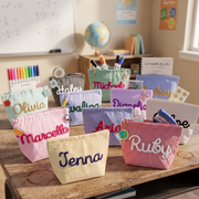Custom Seersucker Makeup Bag – Embroidered Travel Pouch for Bachelorette, Birthday & Christmas Gifts