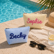 Custom Seersucker Makeup Bag – Embroidered Travel Pouch for Bachelorette, Birthday & Christmas Gifts