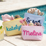 Custom Seersucker Makeup Bag – Embroidered Travel Pouch for Bachelorette, Birthday & Christmas Gifts