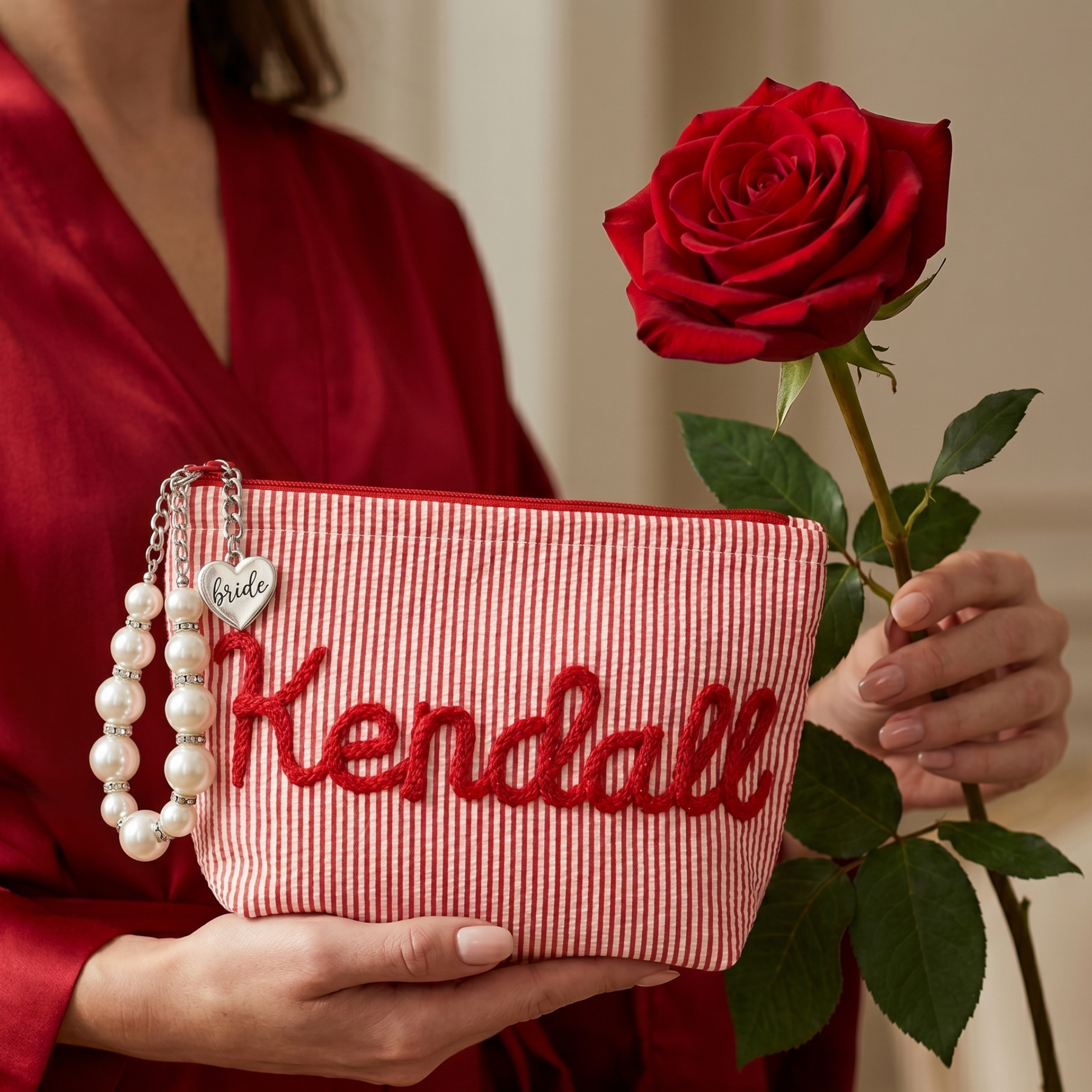 Custom Seersucker Makeup Bag – Embroidered Travel Pouch for Bachelorette, Birthday & Christmas Gifts