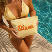 Custom Seersucker Makeup Bag – Embroidered Travel Pouch for Bachelorette, Birthday & Christmas Gifts