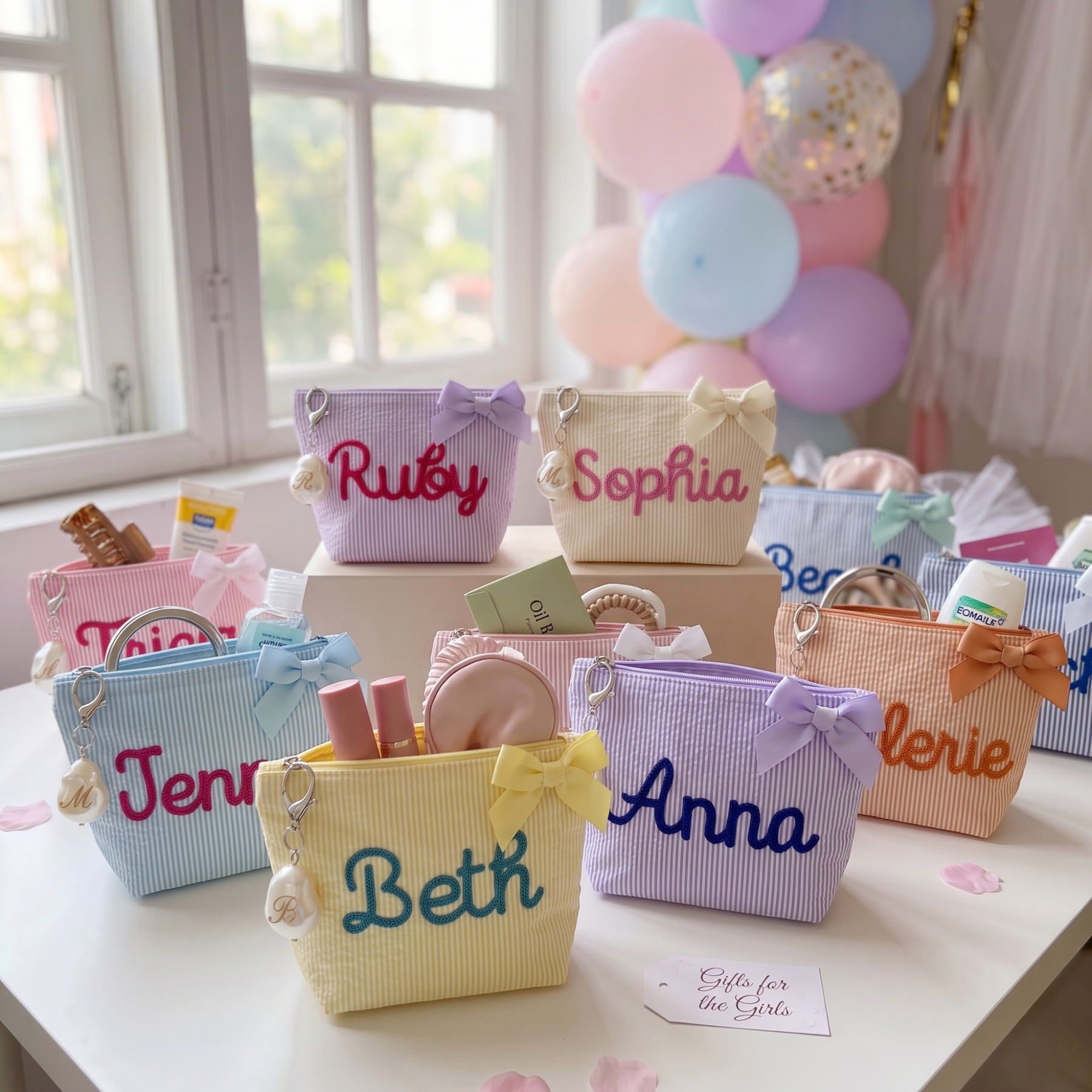 Custom Seersucker Makeup Bag – Embroidered Travel Pouch for Bachelorette, Birthday & Christmas Gifts