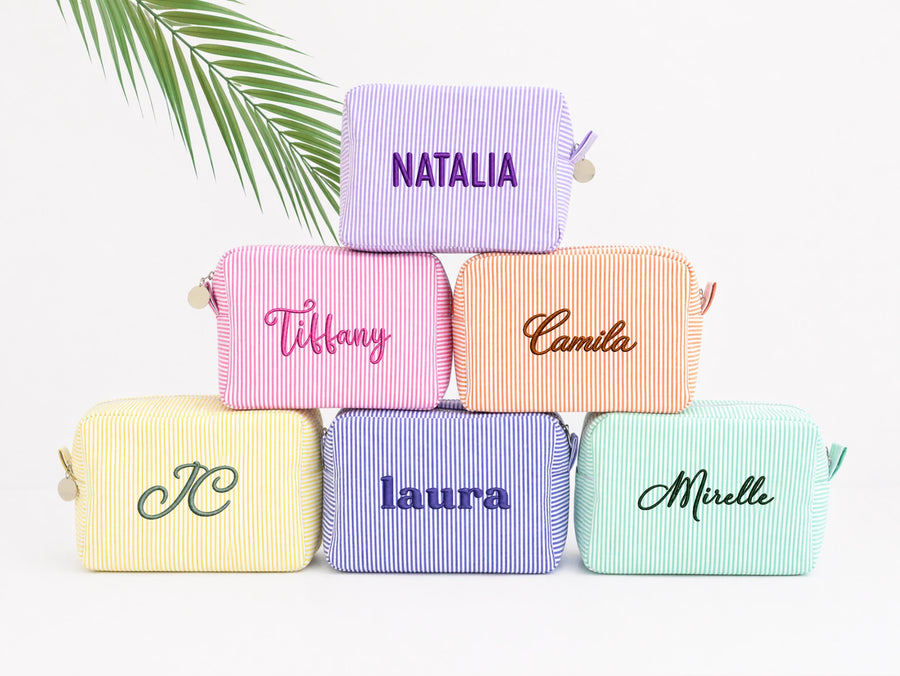 Monogrammed Seersucker Toiletry Bag, Custom Personalized Initial Bridesmaid Makeup Bag, Graduation Party Gift