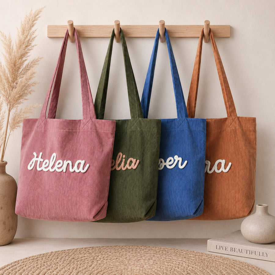 Custom Chenille Name Tote Bag, Personalized Corduroy Work Purse with Zipper, Bridesmaid Gift Bag