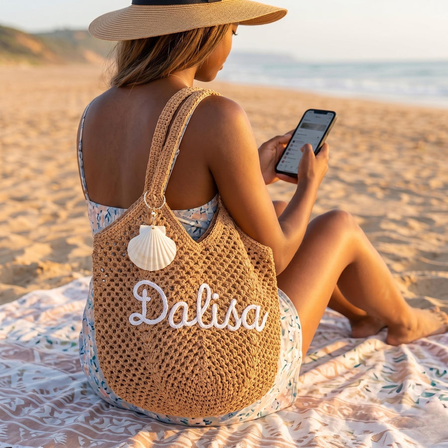 Personalized Crochet Cotton Beach Tote Bag, Custom Bridesmaid Tote, Summer Travel Bag, Monogram Beach Bag, Vacation Gift for Her