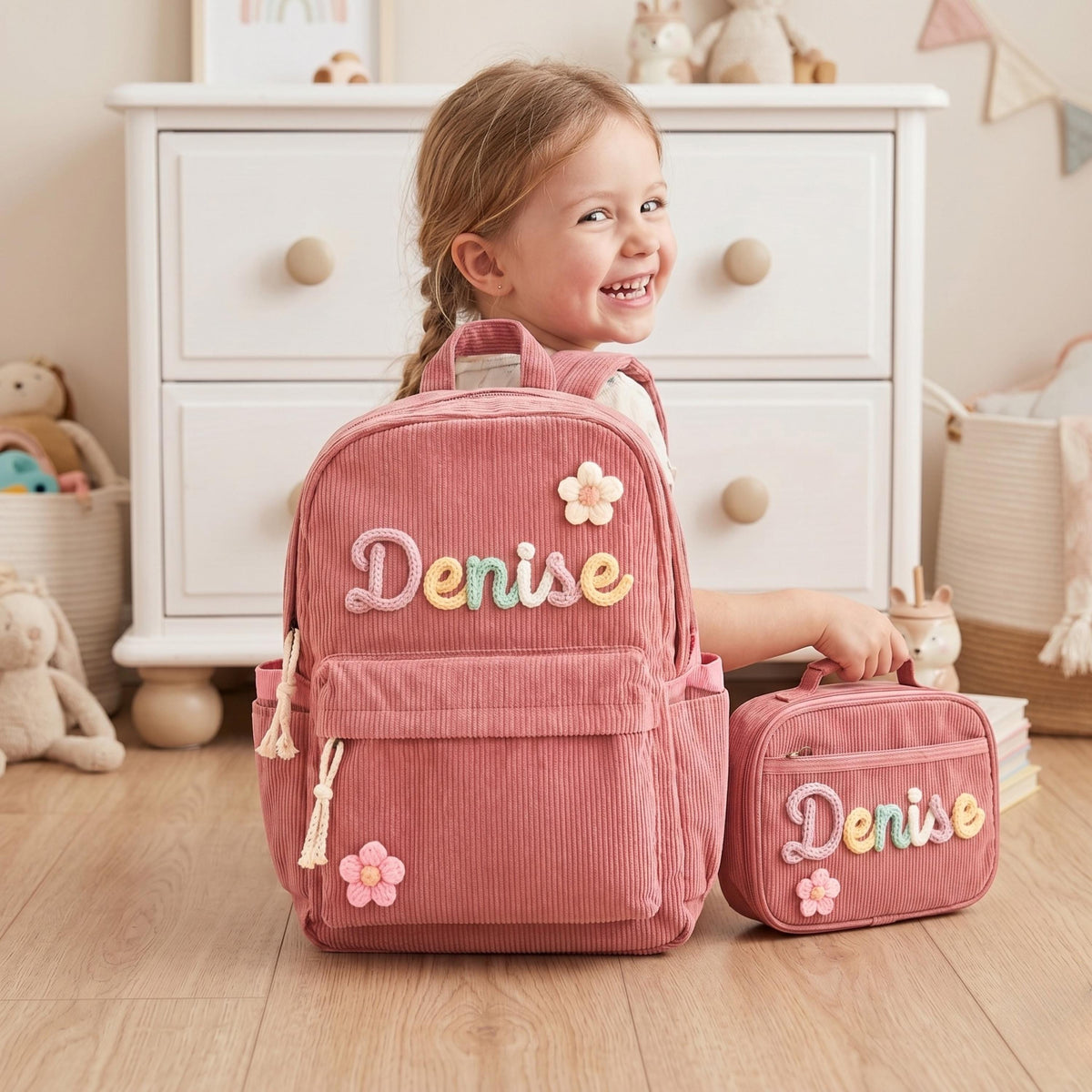 Kids custom backpack set, name school bag, lunch tote, personalized gift, first day school bag