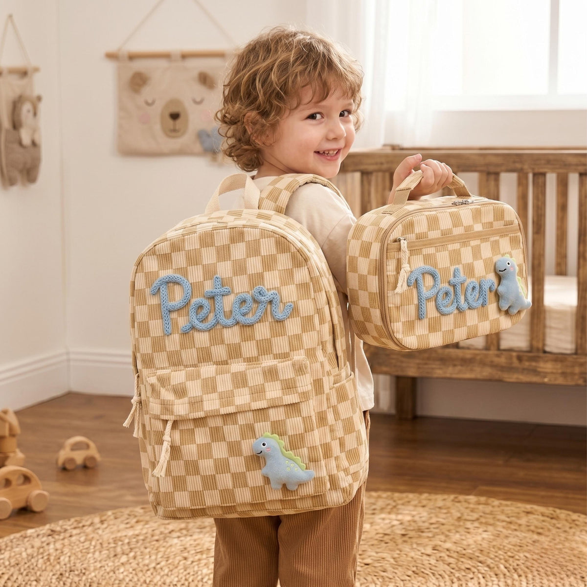 Kids custom backpack set, name school bag, lunch tote, personalized gift, first day school bag