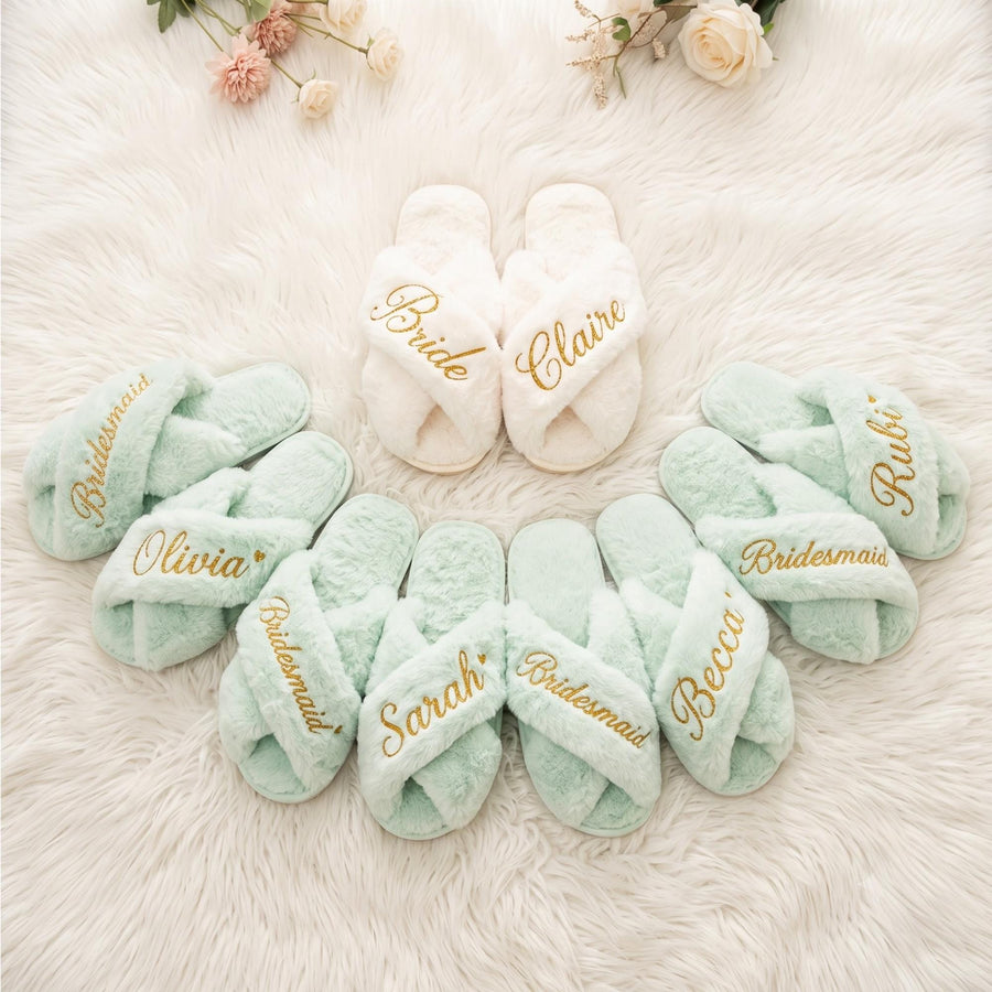 Fuzzy Slides, Wedding Bridesmaid Slippers, Custom Bachelorette Party Gift Set, Bridsmaid Proposal Gift Box Idea