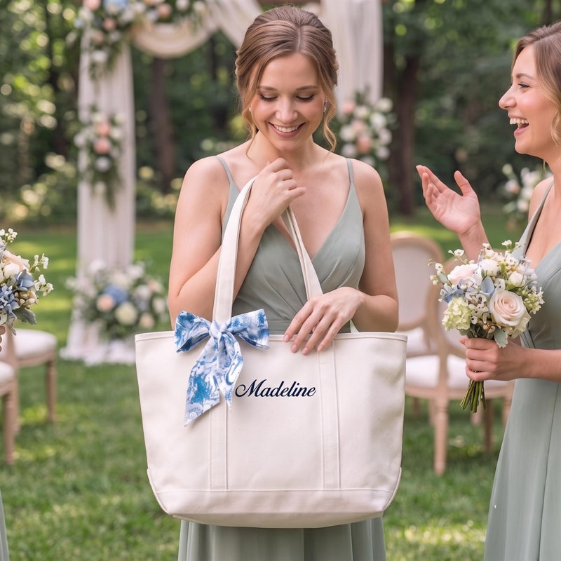 Bridesmiad Tote Bag, Custom Large Tote with Free Ribbon, Personalized Embriodered Bag Bachelorette Party Gift Set, White Canvas Bag