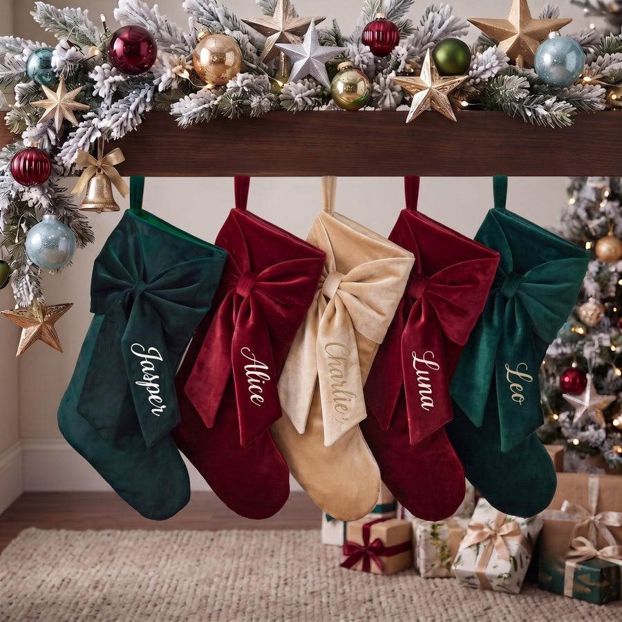 Personalized Velvet Christmas Stocking, Custom Name Stockings with Bow, Elegant Holiday Gift , Coquette Christmas Decor