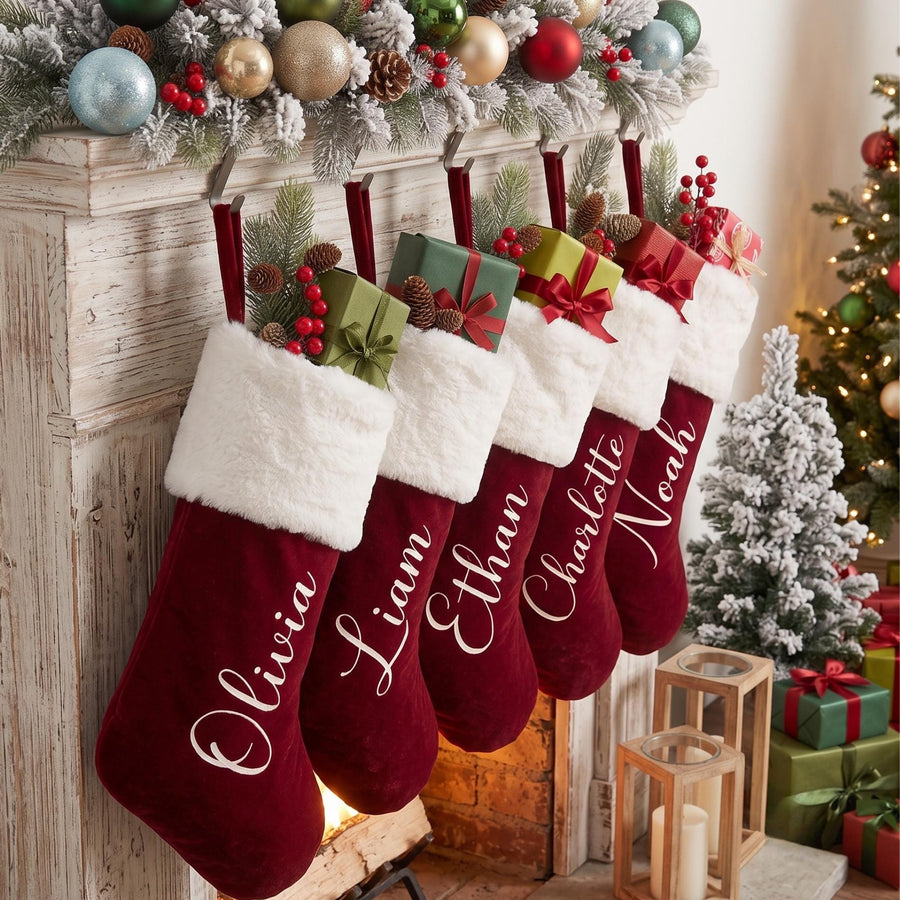 Personalized Christmas Stocking, Custom Name Red Plush Stockings, Embroidered Family Stocking, Holiday Decor