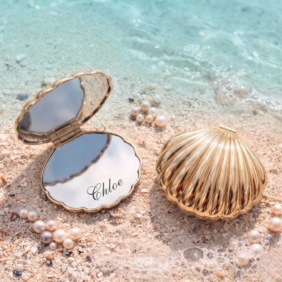 Personalized Seashell Compact Mirror, Custom Engraved Pocket Mirror, Bridesmaid Gift, Beach Wedding Favor, Gift for Her